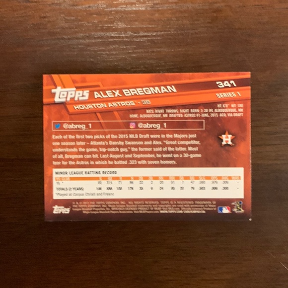 Alex Bregman 2017 Topps Baseball Rookie Card #341 - Picture 2 of 2